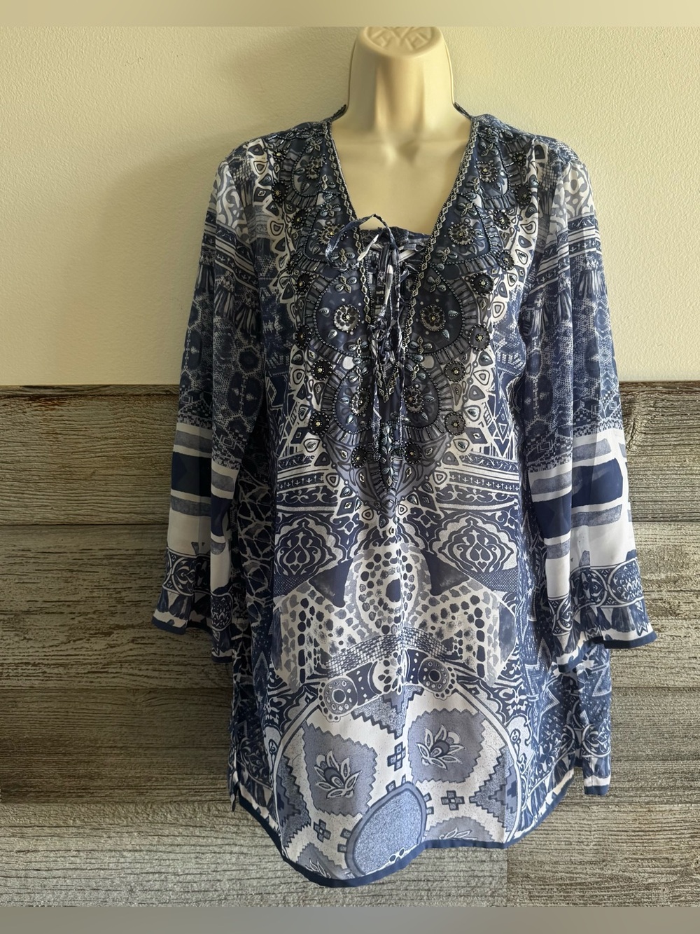 Pia Rossini Large Blue White Embellished Beaded Boho Tunic Cover Up Lace Up (U1)